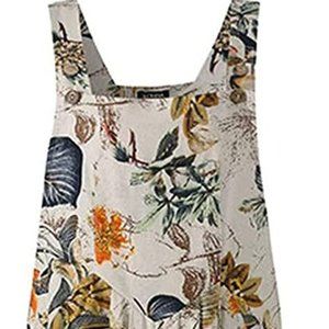 Wide Leg Overall Cream Colored Leaf & Bird Pattern